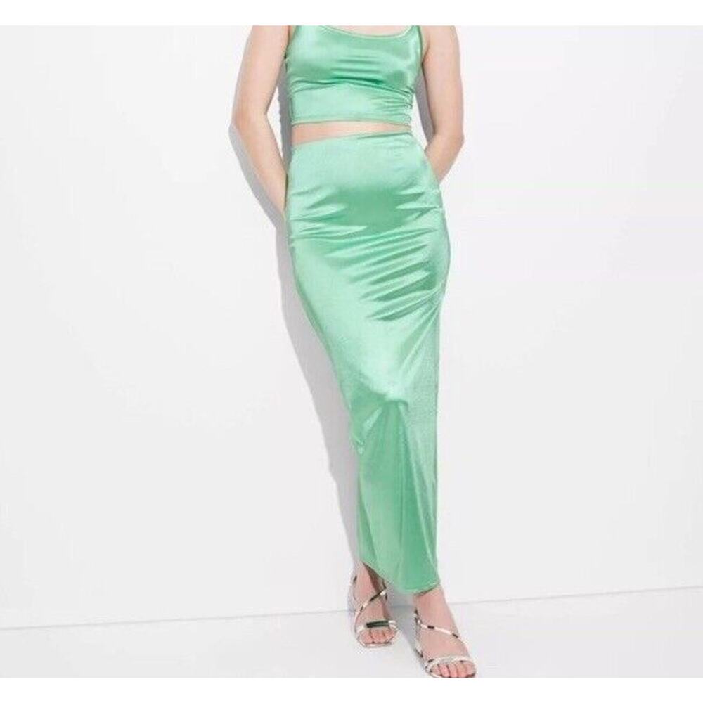 Wild Fable High-Rise Shine Knit Maxi Skirt Elastic Waist Green Womens S New